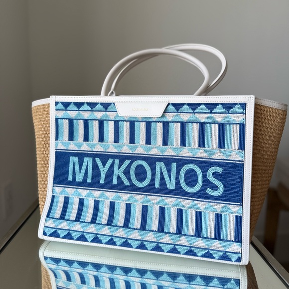 Like New AQUAZZURA Mykonos leather-trimmed beaded raffia tote $1,750 - Picture 6 of 12